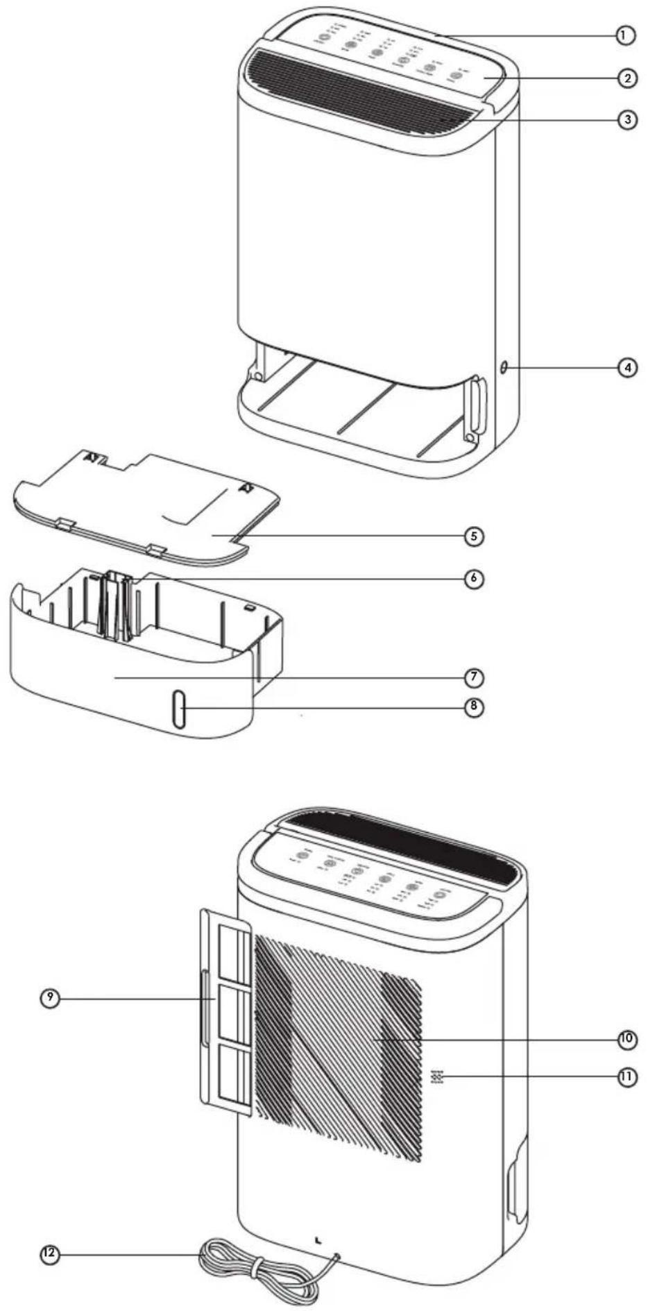 Exploded view diagram of an air conditioner unit with numbered parts for identification