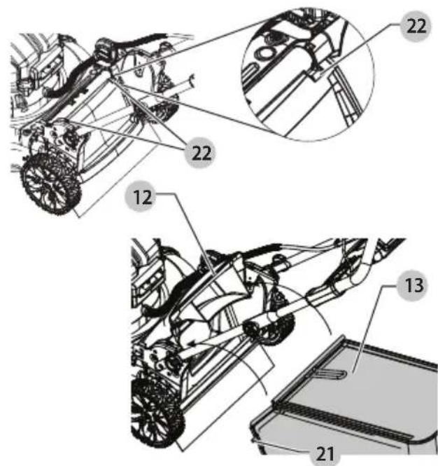 Technical diagram of a lawn mower system with labeled components and parts