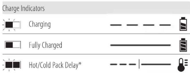 Charge Indicators Charging Fully Charged Hot/Cold Pack Delay*
