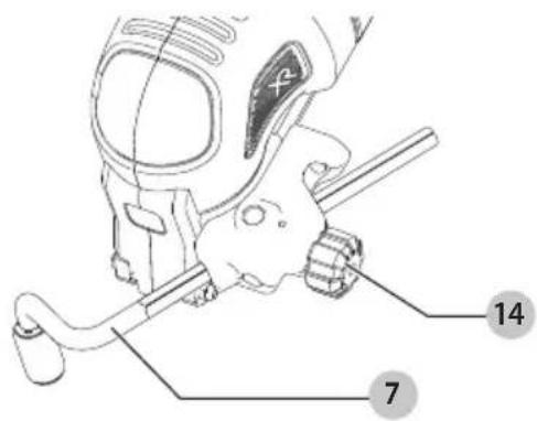 Technical diagram of a robotic arm with labeled parts 7 and 14, showing mechanical components and tool path.