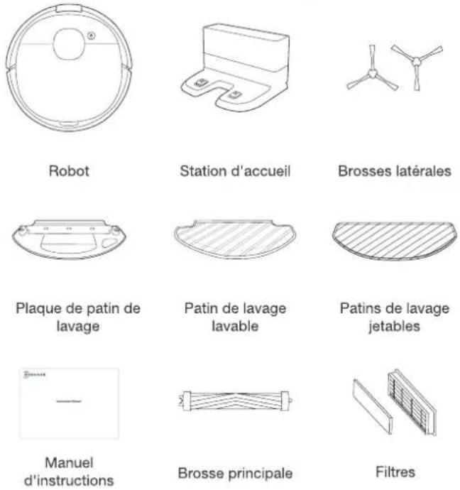 Robot Station d'accueil Brosses latérales Plaque de patin de lavage Patin de lavage lavable Patins de lavage jetables Manuel d'instructions Brosse principale Filtres