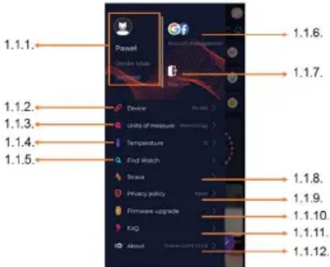 1.1.1. Paypal Gndree Make 1.1.6. 1.1.7. 1.1.2. 1.1.3. 1.1.4. 1.1.5. Device Units of measure Temperature Find Watch Strava Privacy policy Firmware upgrade FAQ About 1.1.8. 1.1.9. 1.1.10. 1.1.11. 1.1.12.