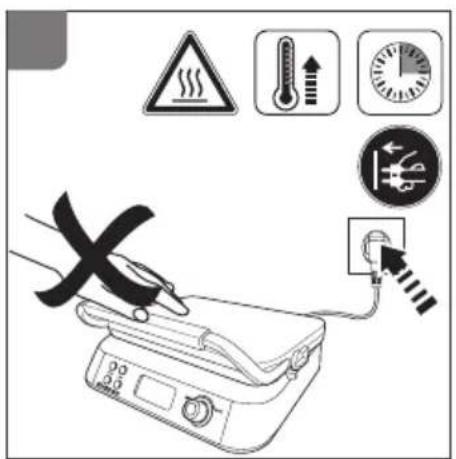 Safety warning diagram showing electrical hazard with warning symbols and icons for temperature, speed, and electrical connections.