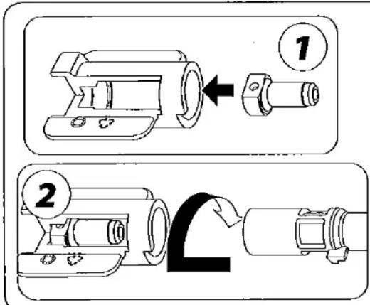 Diagram showing two mechanical assembly steps with numbered labels and directional arrows indicating process flow.