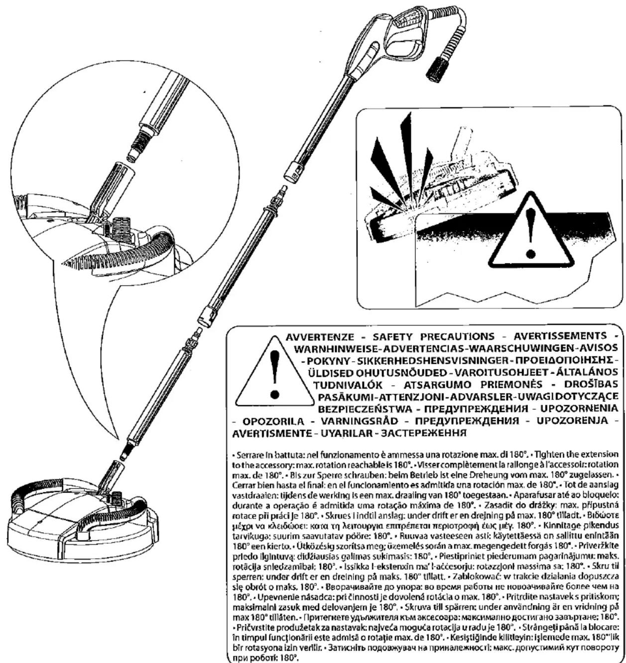 AVVERTENZE - SAFETY PRECAUTIONS - AVERTISSEMENTS WARNHINWEISE-ADVERTENCIAS-WAARSCHUWINGEN-AVISOS -POKyny-SIKKERHEDSHENSVISNINGER-ПРОЕИДОПОННЗНС- ÜLDISED OHUTUSNÖUDED-VAROITUSOHJEET-ÄLTALÁNOS TUDNIVALÓK-ATSARGUMO PRIEMONÉS-DROŠÍBAS PASÁKUMI-ATTENZJONI-ADVARSLER-UWAGIDOTYCZĄCE BEZPIECZEŃSTWA-PREDУПРЕЖДЕНИЯ-UPOZORNENIA -OPOZORILA-VARNINGSRÅD-PREDУПРЕЖДЕНИЯ-UPOZORENJA- AVERTISMENTE-UYARILAR-ZАСТЕРЕЖЕННЯ • Serrare In battuta: nel funzionamento è ammessa una rotazione max. di 180°. • Tighten the extension to the accessory: max. rotation reachable is 180°. • Visser complètement la rallonge à l'accessir: rotation max. de 180°. • Bis zur Sperre schrauben: belm Betrieb ist eine Dreheung vom max. 180° zugelassen. • Cerrar bien hasta el final: en el funcionamiento es admitida una rotación max. de 180°. • Tot de aanslag vastdraalen: tijdens de werking is een max. draaling van 180° toegestaan. • Aparafusar até ao bloquejo: durante a operação é admitida uma rotação máxima de 180°. • Zasadit do drážky: max. připustná rotace píi práci je 180°. • Skrues lindtıl anslag: under drift er en drejning på max. 180° tilladt. • Biðwote méchi va kleibóhoet: kotu tη λειτουργια επιτρέλεται περιοτροφή εὐκ μέγ. 180°. • Kinnitage pikendus tarvikuga: suurim saavutatav poöre: 180°. • Rruvaa vasteeseen asti: käytettäessä on sallitu enlntään 180° een kierto. • Ütközésig szoritsa meg; üzemelés során a max. megengedett forgás 180°. • Priveržkite prledo ilgintuvą: didžiausias galimas sukimasis: 180°. • Piestipriniet piederumam pagarinājumu: maks. rotācija sniedzamībal: 180°. • Issikka ľekstenxin ma'l-aćcesorju: rotezzjoni massima sa: 180°. • Skru til sperren: under drift er en drejning på maks. 180° tillatt. • Zablokować: w trakcie dzialania dopuszca sle obrót o maks. 180°. • Вворачивайте до упора: во время работы не новоачивайте более чем на 180°. • Upevnenie násadca: pri činnosti je dovolená rotácla o max. 180°. • Priřirdite nastavek s pritiskom; maksímalni zasuk med delovanjem je 180°. • Skruva till spärren: under användning är en vridning på max 180° tillátén. • Притегнете удъяжителя към аксесоара: максимально достигано завъртане; 180°. • Pričvristite produžetak za nastavak: najveća moguća rotacija u radu je 180°. • Strångeji până la blocare: în timpul funcționării este admisă o rotatie max. de 180°. • Kesiştiginde kilitteyin: Işlemede max. 180"lik bîr rotasyona izln verillir. • Затискніть подовжувач на приналежності: макс. допустимий кут повороту при роботі: 180°.