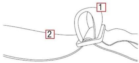 Diagram showing two labeled parts (1 and 2) on a rope or cable structure with connecting lines.