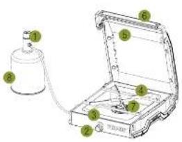 Diagram of a scientific instrument with numbered parts, likely a scientific apparatus or device.