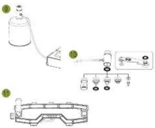 Technical diagram showing a bottle connected to a pump and a mechanical assembly with labeled parts ①, ②, and ③.