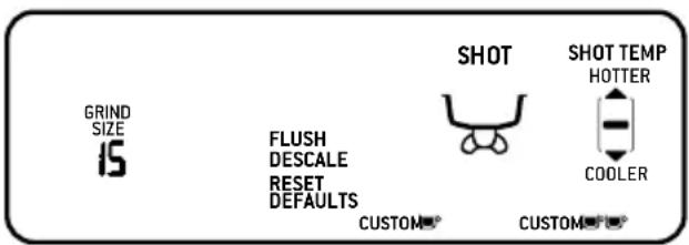 GRIND SIZE 15 FLUSH DESCALE RESET DEFAULTS CUSTOM SHOT SHOT TEMP HOTTER COOLER CUSTOM