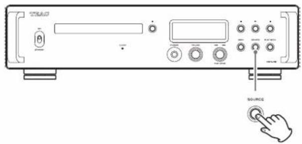 Diagram of a CD-ROM front panel with labeled buttons and a finger pointing to the button labeled 'SOURCE'