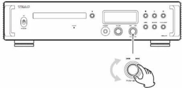 Diagram of a device front panel with labeled buttons and a hand pressing a button on the right side.