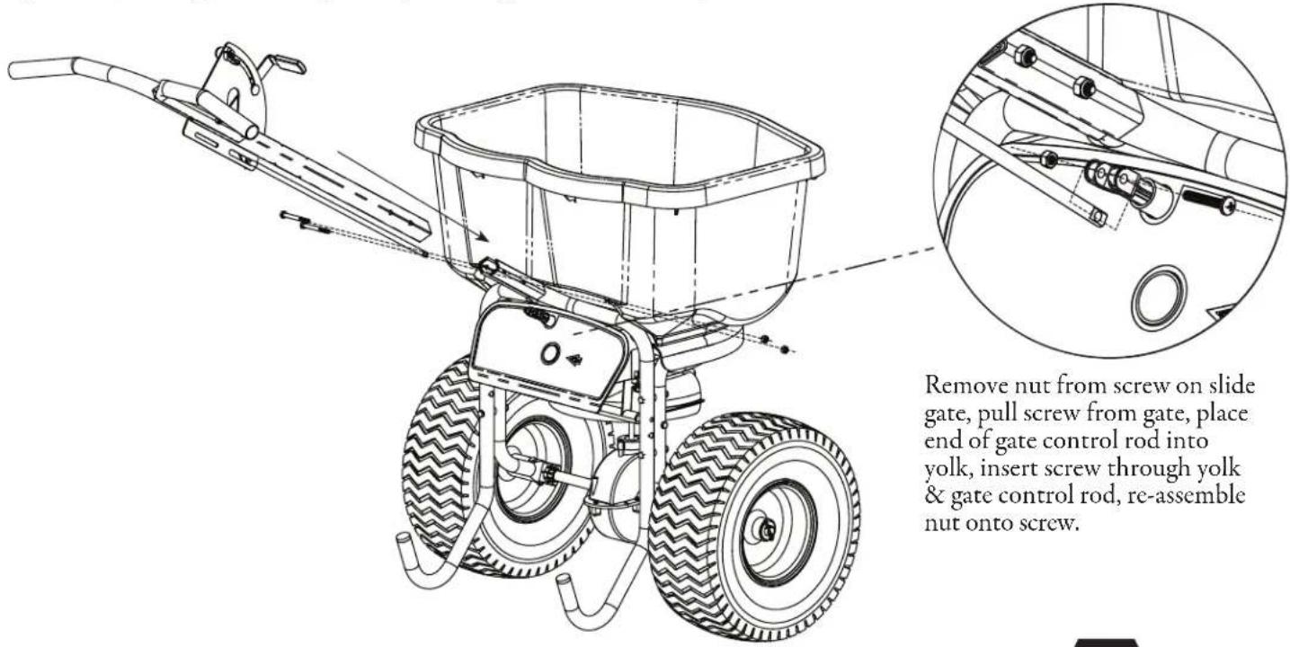 Remove nut from screw on slide gate, pull screw from gate, place end of gate control rod into yolk, insert screw through yolk & gate control rod, re-assemble nut onto screw.