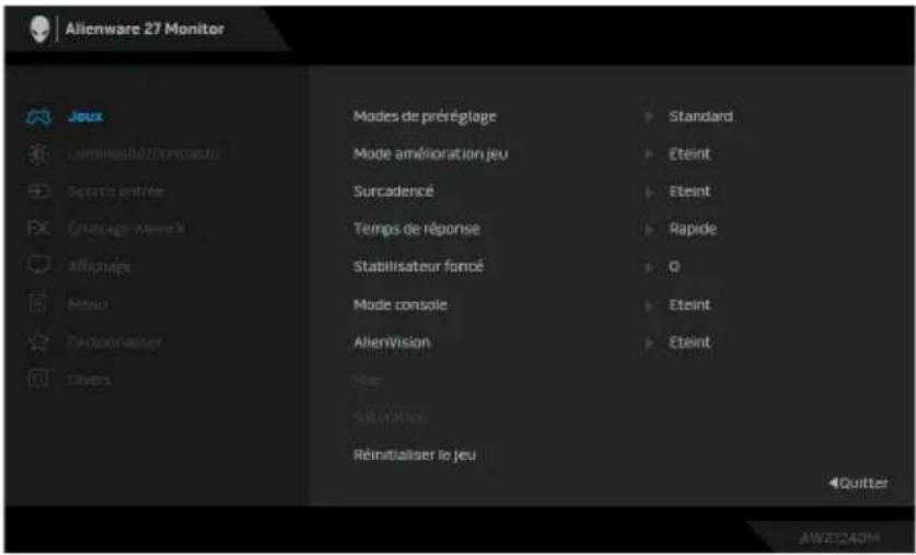 ALIENWARE AW2724DM - REMARQUE : Pour quitter l'élément de menu actuel et revenir au menu précédent, déplacez la manette vers la gauche. - 2