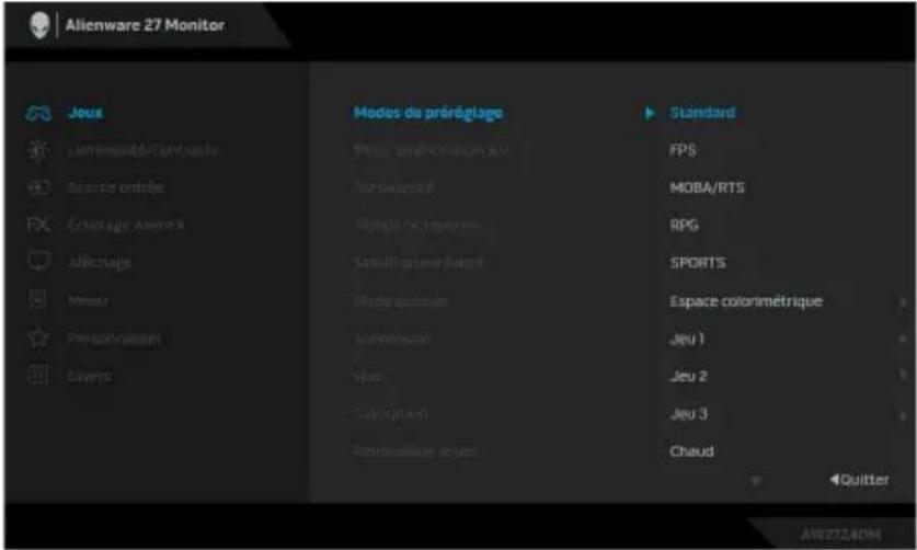 ALIENWARE AW2724DM - REMARQUE : Pour quitter l'élément de menu actuel et revenir au menu précédent, déplacez la manette vers la gauche. - 3