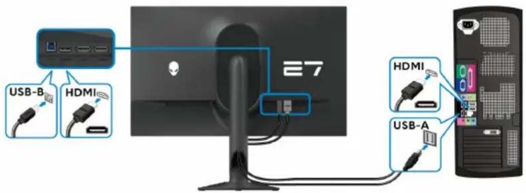 ALIENWARE AW2724DM - REMARQUE : Connectez l'extrémité USB-C du câble à l'ordinateur. Connexion des câbles HDMI et USB (en option) - 1