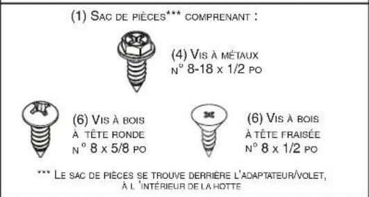 (1) SAC DE PIÈCES*** COMPRENANT : (4) VIS À MÉTAUX N° 8-18 x 1/2 PO (6) VIS À BOIS À TÊTE RONDE N° 8 x 5/8 PO (6) VIS À BOIS À TÊTE FRAISÉE N° 8 x 1/2 PO *** LE SAC DE PIÈCES SE TROUVE DERRIÈRE L'ADAPTATEUR/VOLET, À L'INTÉRIEUR DE LA HOTTE