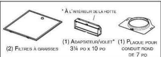 (2) FILTRES À GRAISSES * À L'INTÉRIEUR DE LA HOTTE (1) ADAPTATEUR/VOLET* 3¼ PO x 10 PO (1) PLAQUE POUR CONDUIT ROND DE 7 PO