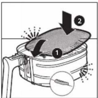 Diagram illustrating a cooking process with labeled steps 1 and 2, showing a pan with liquid and a magnified inset.
