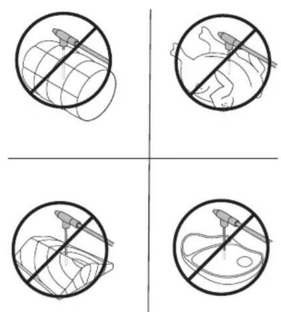 Four-panel diagram showing prohibition symbols for food, vegetable, meat, and fish in a crosshair setting