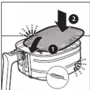 Diagram illustrating a process with labeled steps 1 and 2, showing a container with contents and directional arrows indicating flow or movement.