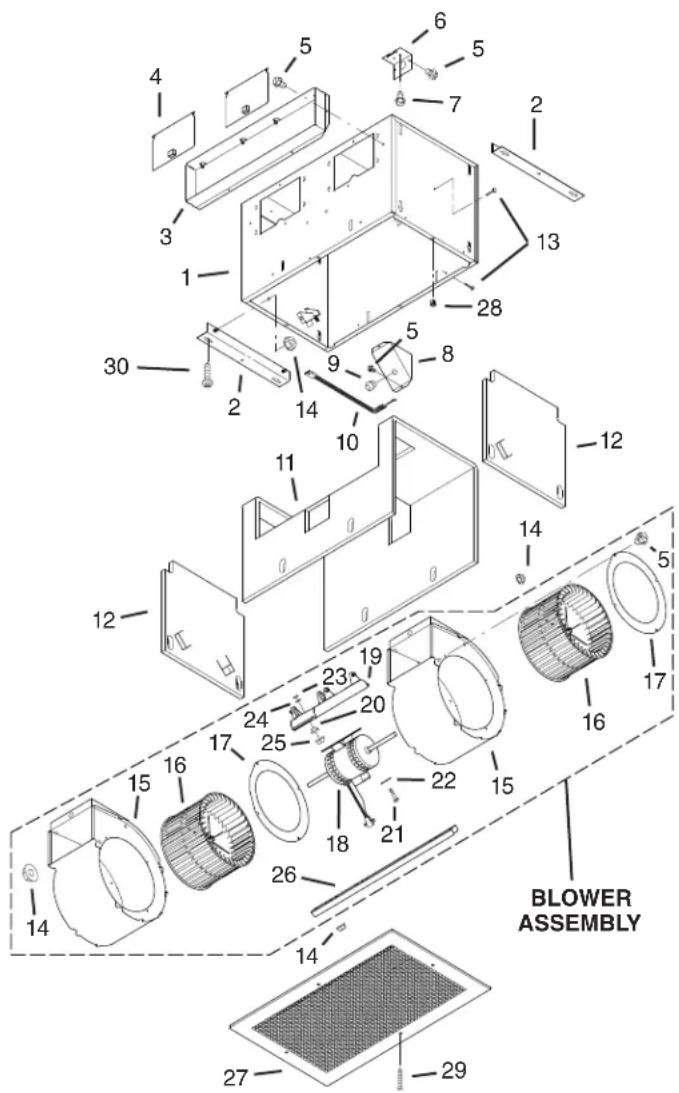 4 5 6 5 7 2 3 1 28 13 30 9 5 8 14 10 12 11 14 12 15 16 17 23 20 24 25 22 15 16 18 21 26 14 14 27 29 BLOWER ASSEMBLY