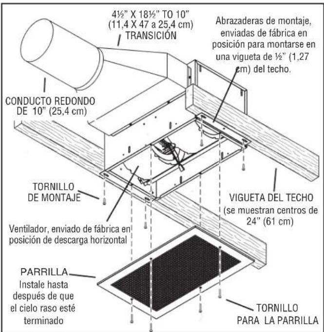 4½" X 18½" TO 10" (11,4 X 47 a 25,4 cm) TRANSICIÓN Conducto REDONDO DE 10" (25,4 cm) TORNILLO DE MONTAJE Ventilador, enviado de fábrica en posición de descarga horizontal PARRILLA Instale hasta después de que el cielo raso esté terminado Abrazaderas de montaje, enviadas de fábrica en posición para montarse en una vigueta de ½" (1,27 cm) del techo. VIGUETA DEL TECHO (se muestran centros de 24" (61 cm) TORNILLO PARA LA PARRILLA