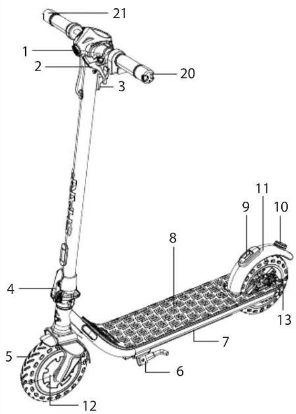 Labeled diagram of an electric scooter with numbered parts for identification