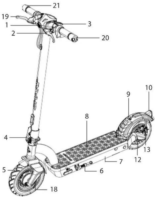 Technical diagram of an electric scooter with numbered parts for identification