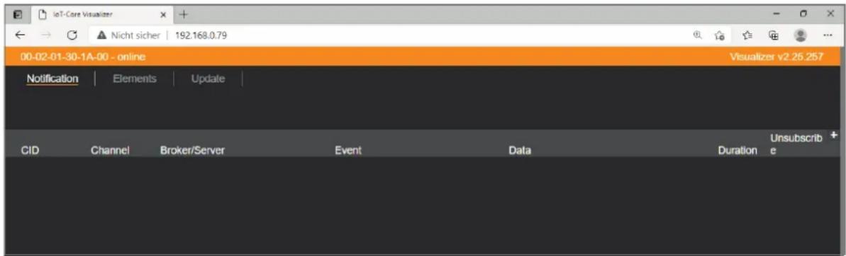 IoT-Core Visualizer Nicht sicher 192.168.0.79 00-02-01-30-1A-00 - online Notification Elements Update CID Channel Broker/Server Event Data Duration Unsubscrib e