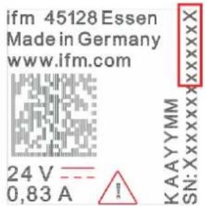 ifm 45128 Essen Made in Germany www.ifm.com 24 V ——— 0,83 A KAAYYMM SN:XXXXXX =XXX