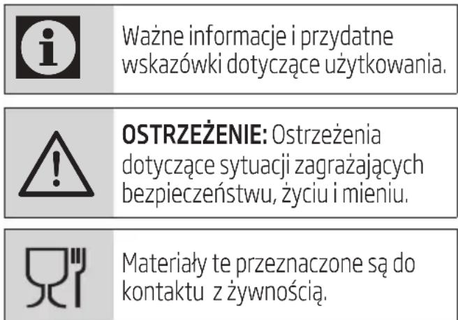Ważne informacje i przydatne wskazówki dotyczące użytkowania. OSTRZEŻENIE: Ostrzeżenia dotyczące sytuacji zagrażających bezpieczeństwu, życiu i mieniu. Materiały te przeznaczone są do kontaktu z żywnością.