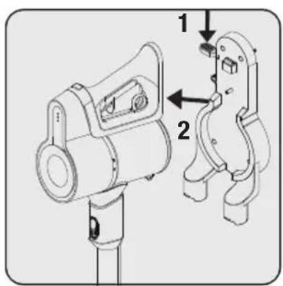 Technical diagram showing two mechanical components labeled 1 and 2, with arrows indicating assembly or movement.