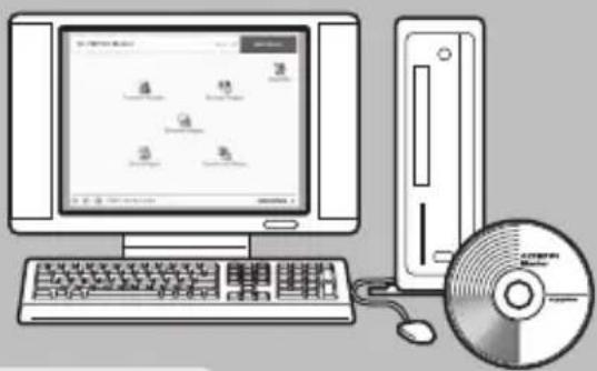 Illustration of a desktop computer setup with monitor, tower, keyboard, and CD/DVD drive, showing system interface icons.