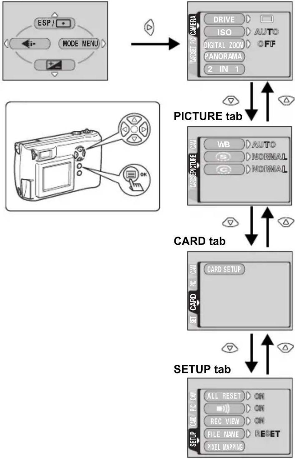 OLYMPUS Camedia D550 Zoom - USING THE MENUS AND TABS - 2