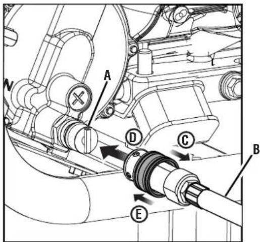 Technical diagram of a mechanical assembly with labeled components A, B, C, D, E, and N