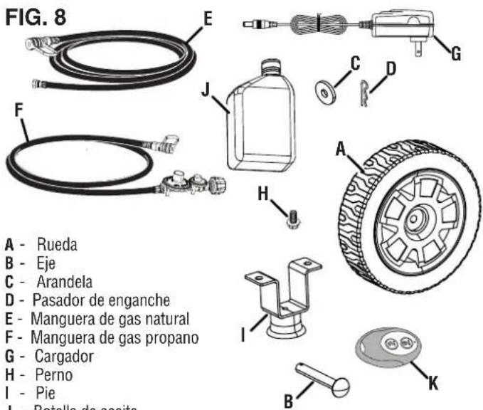 FIG. 8 A - Rueda B - Eje C - Arandela D - Pasador de enganche E - Manguera de gas natural F - Manguera de gas propano G - Cargador H - Perno I - Pie J - Botella de aceite A B C D E F G H I K