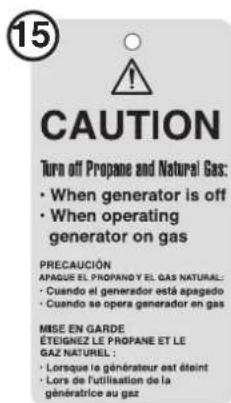 15 CAUTION Turn off Propane and Natural Gas: • When generator is off • When operating generator on gas PRECAUCIÓN APAGUE EL PROPANE Y EL GAS NATURAL: • Cuando el generador está apagado • Cuando se opera generador en gas MISE EN GARDE ÉTEIGNEZ LE PROPANE ET LE GAZ NATUREL : • Lorsque le générateur est éteint • Lors de l'utilisation de la génératrice au gaz