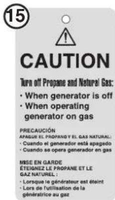 15 CAUTION Turn off Propane and Natural Gas: • When generator is off • When operating generator on gas PRECAUCIÓN APAGUS EL PROPANO Y EL GAS NATURAL: • Cuando el generador está apagado • Cuando se opera generador en gas MISE EN GARDE ÉTEIGNEZ LE PROPANE ET LE GAZ NATUREL : • Lorsque le générateur est édoit • Lors de l'utilisation de la génistrice au gaz