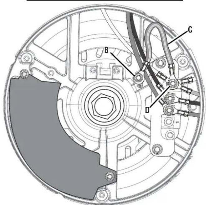 Technical diagram of a mechanical assembly with labeled components A, B, C, and D