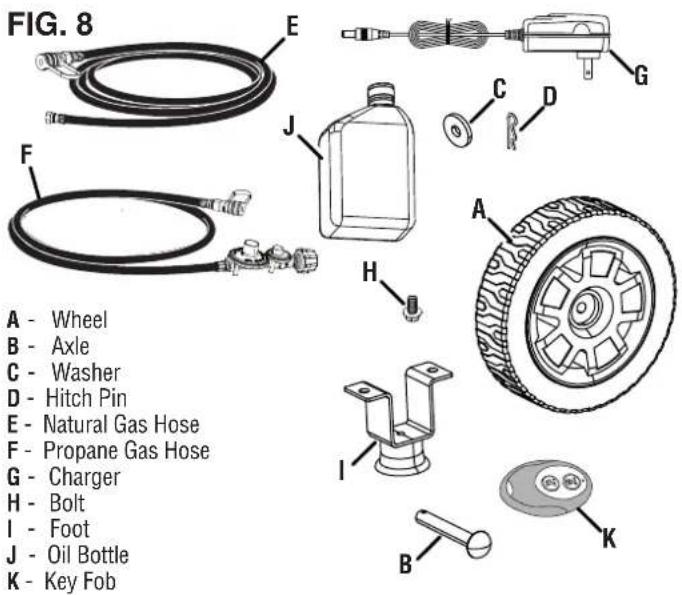 FIG. 8 A - Wheel B - Axle C - Washer D - Hitch Pin E - Natural Gas Hose F - Propane Gas Hose G - Charger H - Bolt I - Foot J - Oil Bottle K - Key Fob