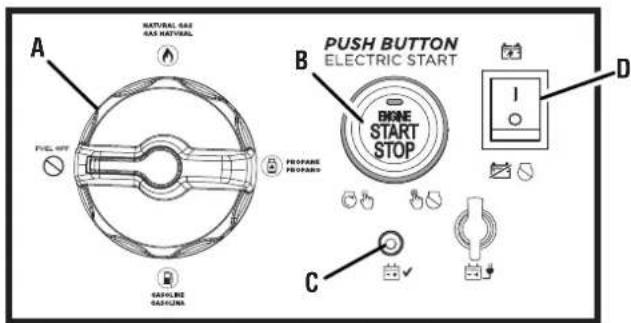 A NATURAL GAS GAS NATURAL B PUSH BUTTON ELECTRIC START BONE START STOP C SAPPLINE GAS FLOWA FUEL OFF PROPARATE PROPARATE D