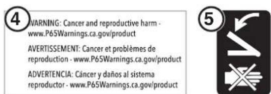 WARNING: Cancer and reproductive harm - www.P65Warnings.ca.gov/product AVERTISSEMENT: Cancer et problèmes de reproduction - www.P65Warnings.ca.gov/product ADVERTENCIA: Cáncer y daños al sistema reproductor - www.P65Warnings.ca.gov/product