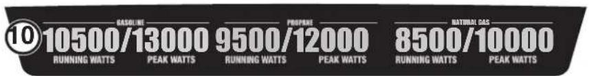 10 SASING 10500/13000 9500/12000 NATURAL GAS RUNNING WATTS PEAK WATTS RUNNING WATTS PEAK WATTS 8500/10000 RUNNING WATTS PEAK WATTS