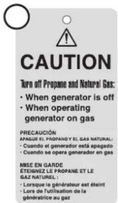 CAUTION Turn off Propane and Natural Gas: • When generator is off • When operating generator on gas PRECAUCIÓN APAGUE EL PROPANO Y EL GAS NATURAL: • Cuando el generador está apogado • Cuando se opera generador en gas MISE EN GARDE ÉTEIGNEZ LE PROPANE ET LE GAZ NATUREL : • Lorsque le générauteur est éteint • Lors de l'utilisation de la généatrice au gaz