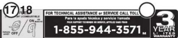 17F18 FOR TECHNICAL ASSISTANCE OR SERVICE CALL TOLL Para la ayuda técnica y servicio llamada POLE SUPPORT TECHNOME OU SERVICE, APPELIZE SANS FRAS 1-855-944-3571 M YEAR UNITED WARRANTY