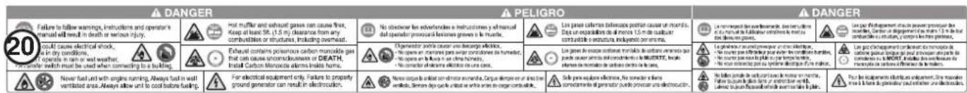 Failure to follow warnings, instructions and operators manual will result in death or serious injury. 20 could cause electrical shock, in dry conditions. It openly in car or wet weather. A power switch must be used when connecting to a ceiling. Never heat and with engine running. Always wait until to cool before ceiling. For electrical equipment only. Failure to properly ground generator can result in electronics. Not muffler and exhaust gases can cause heat, keep at least 5% (1.5 m) clearance from any combustible or structural, including overhead. Exhaust contains poisonous carbon monoxide gas that can cause otherwise decrease or DEATH. Install carbon monoxide electrons isolate motors. No coverar les sèvendices et instructions y extracal du opéder provoésir fenées graves la murée. Élégerer surée de cauxer une bérage électrice. N'operv en cartons par varier conditiones de humidité. N'operv en laURE en d'ordine humine. N'operv en électrice électrice de une crat. Le plus cationes potales pour cauxer un morte. Pour un opération de 1 mars 13 de la saubain contable à l'écruture indiquée par mesas. Les plus cationes potales pour cauxer un morte. Pour un opération de 1 mars 13 de la saubain contable à l'écruture indiquée par mesas. Le plus cationes potales pour cauxer un morte. Pour un opération de 1 mars 13 de la saubain contable à l'écruture indiquée par mesas. Le plus cationes potales pour cauxer un morte. Pour un opération de 1 mars 13 de la saubain contable à l'écruture indiquée par mesas. Le plus cationes potales pour ce manure de carotier plus le plus pour procured par le conduction au MERT. Pour un opération de 1 mars 13 de la saubain contable à l'écruture indiquée par mesas. Le plus cationes potales pour ce manure de carotier plus le plus pour procured par le conduction au MERT. Pour un opération de 1 mars 13 de la saubain contable à l'écruture indiquée par mesas. Pour un opération de 1 mars 13 de la saubain contable à l'écruture indiquée par mesas. Pour un opération de 1 mars 13 de la saubain contable à l'écruture indiquée par mesas. Pour un opération de 1 mars 13 de la saubain contable à l'écruture indiquée par mesas. Pour un opération de l'écruture indiquée par mesas. Pour un opération de l'écruture indiquée par mesas. Pour un opération de l'écruture indiquée par mesas. Pour un opération de l'écruture indiquée par mesas. Pour un opération de l'écruture indiquée par mesas. Pour un opération de l'écruture indiquée par mesas. Pour un copération de l'écruture indiquée par mesas. Pour un copération de l'écruture indiquée par mesas. Pour un copération de l'écruture indiquée par mesas.