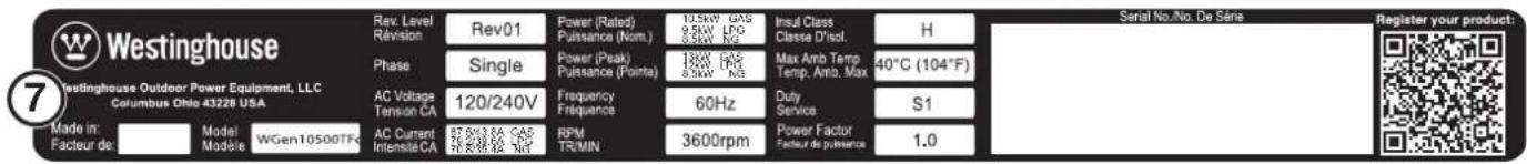 Westinghouse Westinghouse Outdoor Power Equipment, LLC Columbus Ohio 43226 USA Made in: Facteur de: Model Modèle WGen10500TFe Rev. Level Révision Phase AC Voltage Tension CA Rev01 Single 120/240V Power (Rated) Puissance (Nom.) Power (Peak) Puissance (Points) Frequency Fréquence 87.5kV GA 88.5kV GA AC Current Intensité CA 87.5kV GA 88.5kV GA RPM TR/MN 10.5kW GA 9.5kW LPG 8.5kW KG 13kW GA 8.5kW LPG 60Hz 3600rpm Insul Class Classe D'Incl. Max Amb Temp. Temp. Amb. Max Duty Service Power Factor Facteur de puissance H 40°C (104°F) S1 1.0 Serial No./No. De Série Register your product: