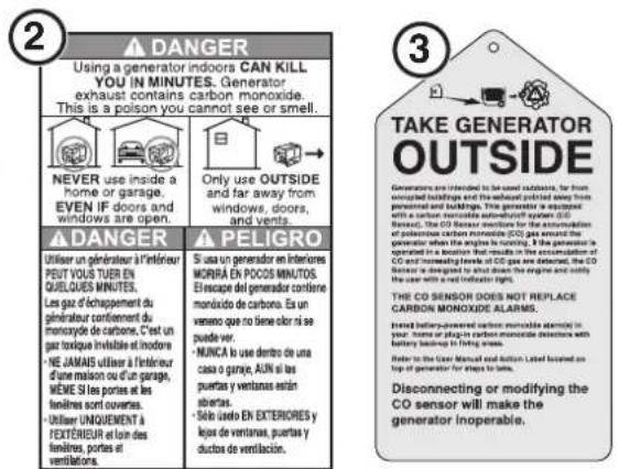 2 ▲ DANGER Using a generator indoors CAN KILL YOU IN MINUTES. Generator exhaust contains carbon monoxide. This is a poison you cannot see or smell. NEVER use inside a home or garage. EVEN IF doors and windows are open. Only use OUTSIDE and far away from windows, doors, and vents. ▲ DANGER Utiliser un généraiser à l'intérieur PEUT VOUS TUER EN QUELQUES MINUTES. Les gaz d'échappement du généraiser confinement du monoxide de carbone. C'est un gaz toxique immérable et modeire. NE JAMAIS utiliser à l'intérieur d'une maxime ou d'garage, MÈNE SI les portes et les fenilères sont coverées. • Utiliser UNQUENTÉ À EXTÉRIEUR et loin des fenilères, portes et ventilations. ▲ PELIGRO Si usa un generator en intérieures MORRA EN POCOS MINUTOS. Él escape del generator confière monido de carbone. En un venuo que no tiene olir ni se puede ver. - NUNC A uise dentro de une casa o garaje, AUN si les puertes y ventanas estantes. - Solo sujede EN EXTERIORES y leques de ventantes, puertes y ductos de ventilación. 3 TAKE GENERATOR OUTSIDE Generations are intended to be used in various, for from exceptional buildings and the exhaust-painted away from personnel and bountages. This generator is equipped with a carbon monoxide automobile system (CO Sensor). The CO Sensor continues for the extorsation of carbon monoxide systems. The CO Sensor has been the angle to running. It is generator is operated in a location that results in the extorsulation of CO and increasing heights of CO gas are detected, the CO Sensor is designed to reach them the engine and only the user with a red indicator light. The CO SENSOR DOES NOT REPLACE CARBON MONOXIDE ALARMS. Inited battery-powered carbon monoxide almost in your home or plug-in-carbon monoxide detection with battery extinguishing by placing them. Refer to the User Manual and Action List based on top of generator for steps to take. Disconnecting or modifying the CO sensor will make the generator inoperable.