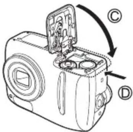 OLYMPUS Camedia D535 Zoom - Drücken Sie die Batterien mithilfe des Batterie-/ Kartenfachdeckels hinein, schließen Sie ihn in Richtung © und schieben ihn in Richtung Ⓓ. - 1