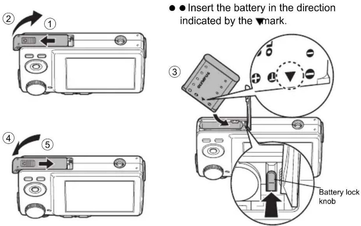 OLYMPUS FE220 - b. Insert the battery in the camera - 1